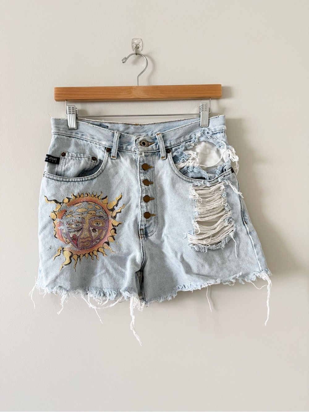 Pepe Jeans London Distress Denim High Rise Shorts with Sun Graphic - Size 6